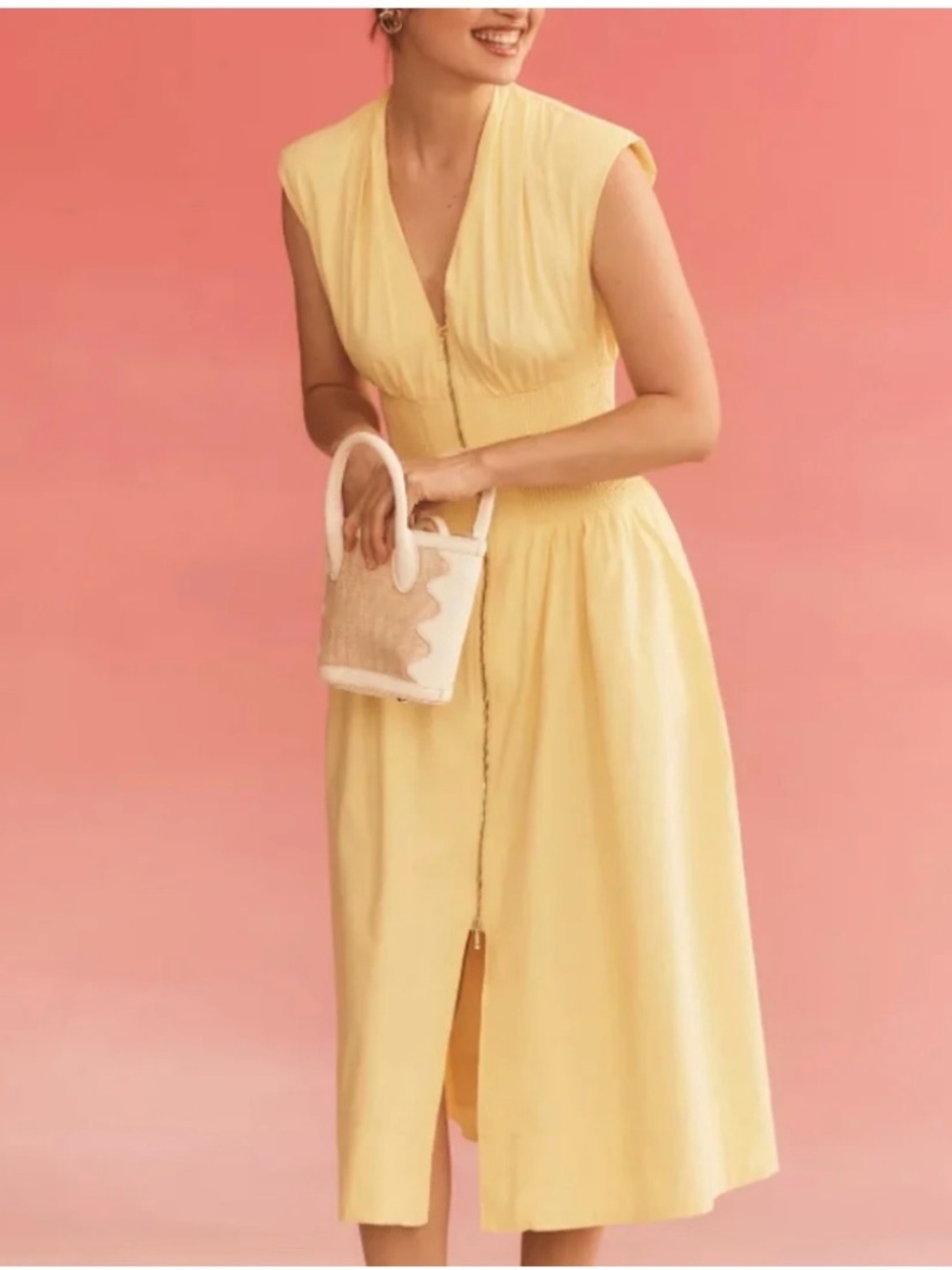 Anthropologie Soft Yellow Zip-Front Midi Dress